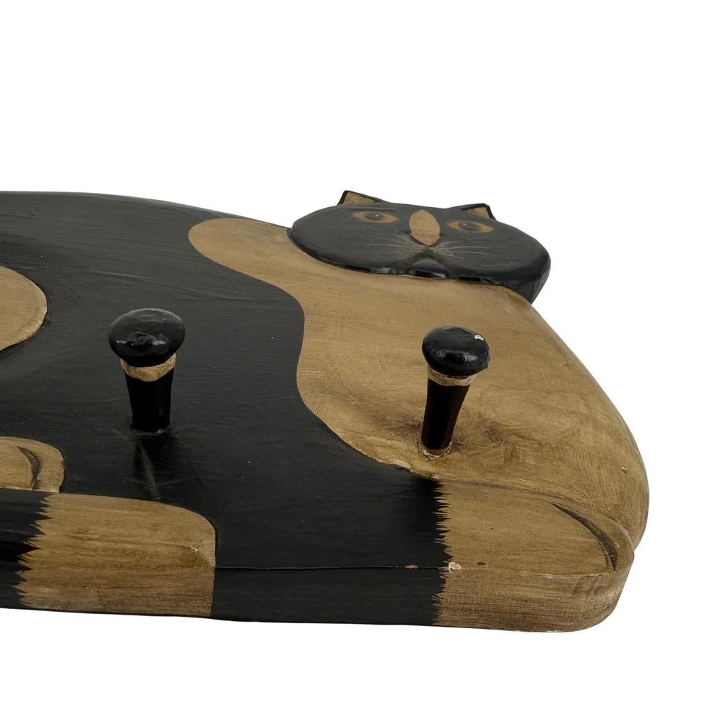 Vintage‎ Hand Carved Painted Wooden Cat Wall Hook Rack Folk Art Black Tan